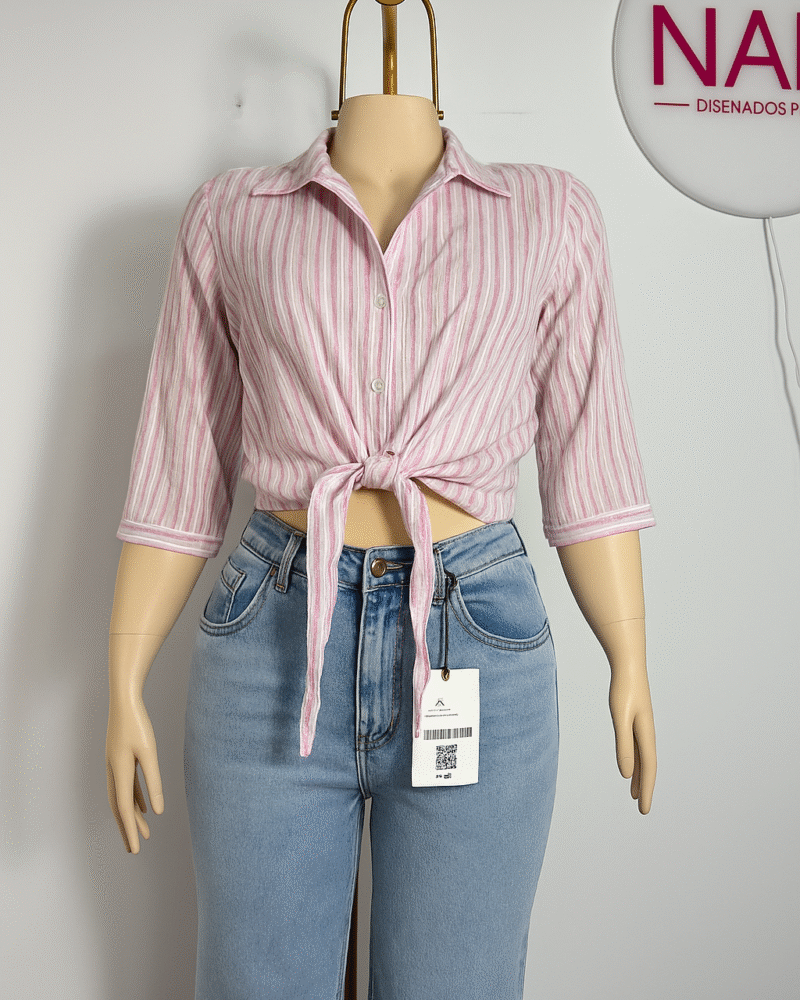 Blusa Crop Maricielo Camisera con Amarre y Manga 3/4