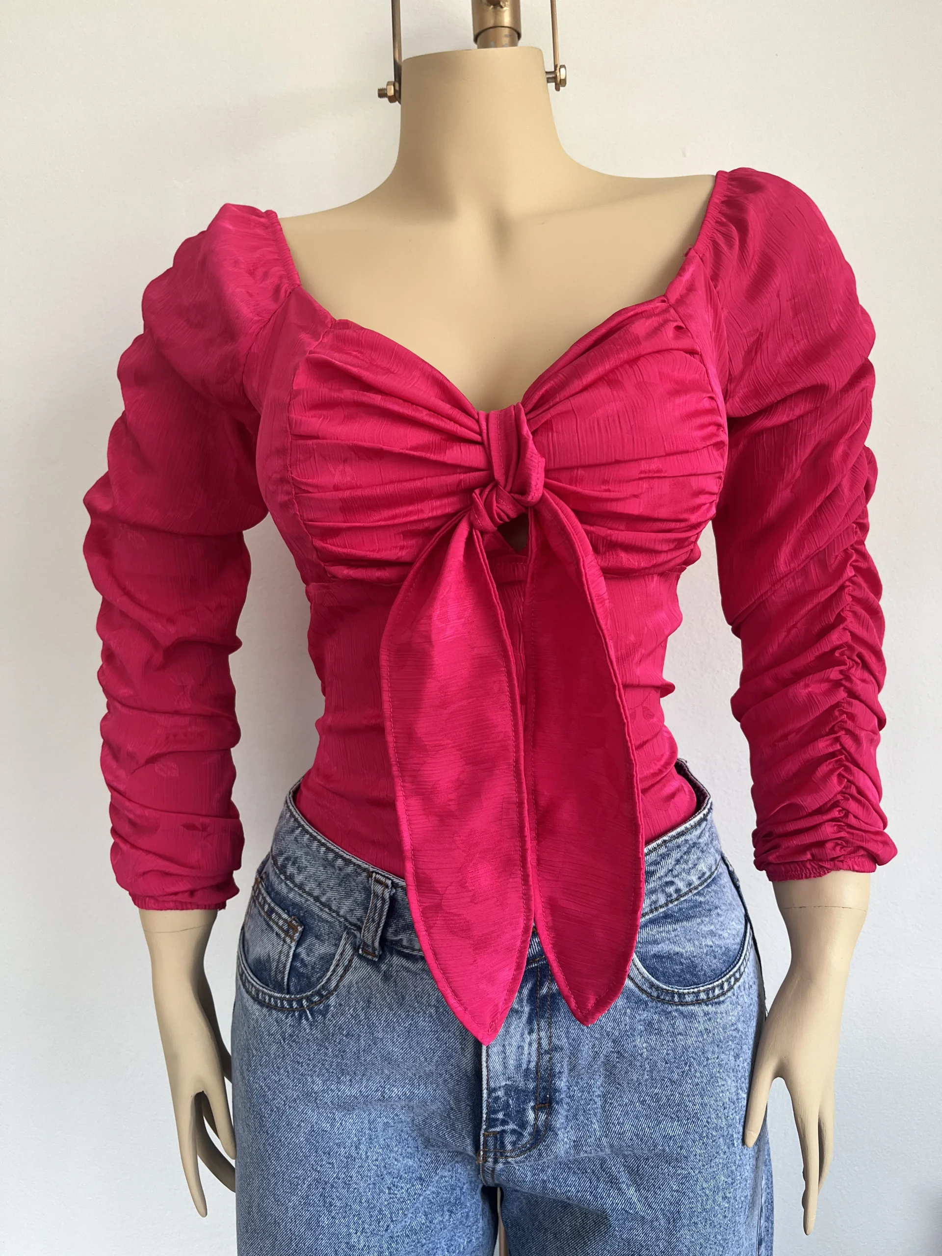 Blusa Naty Corset con Lazo Grande y Mangas Fruncidas Beis - Imagen 4