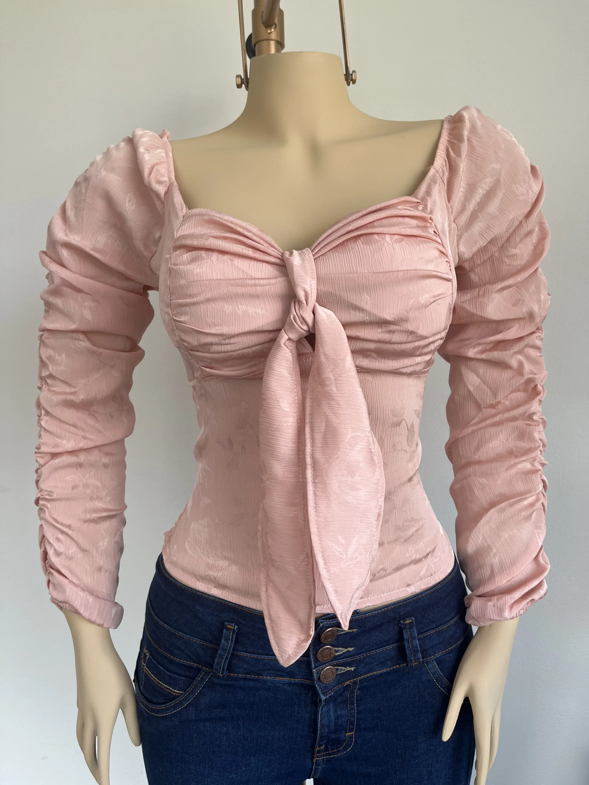 Blusa Naty Corset con Lazo Grande y Mangas Fruncidas Beis - Imagen 3