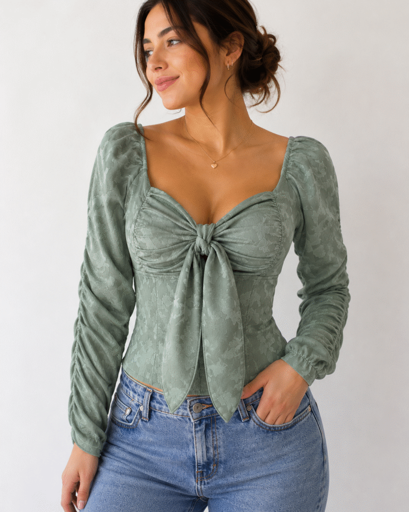 Blusa Naty Corset con Lazo Grande y Mangas Fruncidas Verde Menta