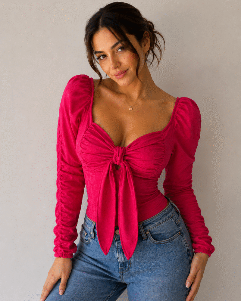 Blusa Naty Corset con Lazo Grande y Mangas Fruncidas Rosado